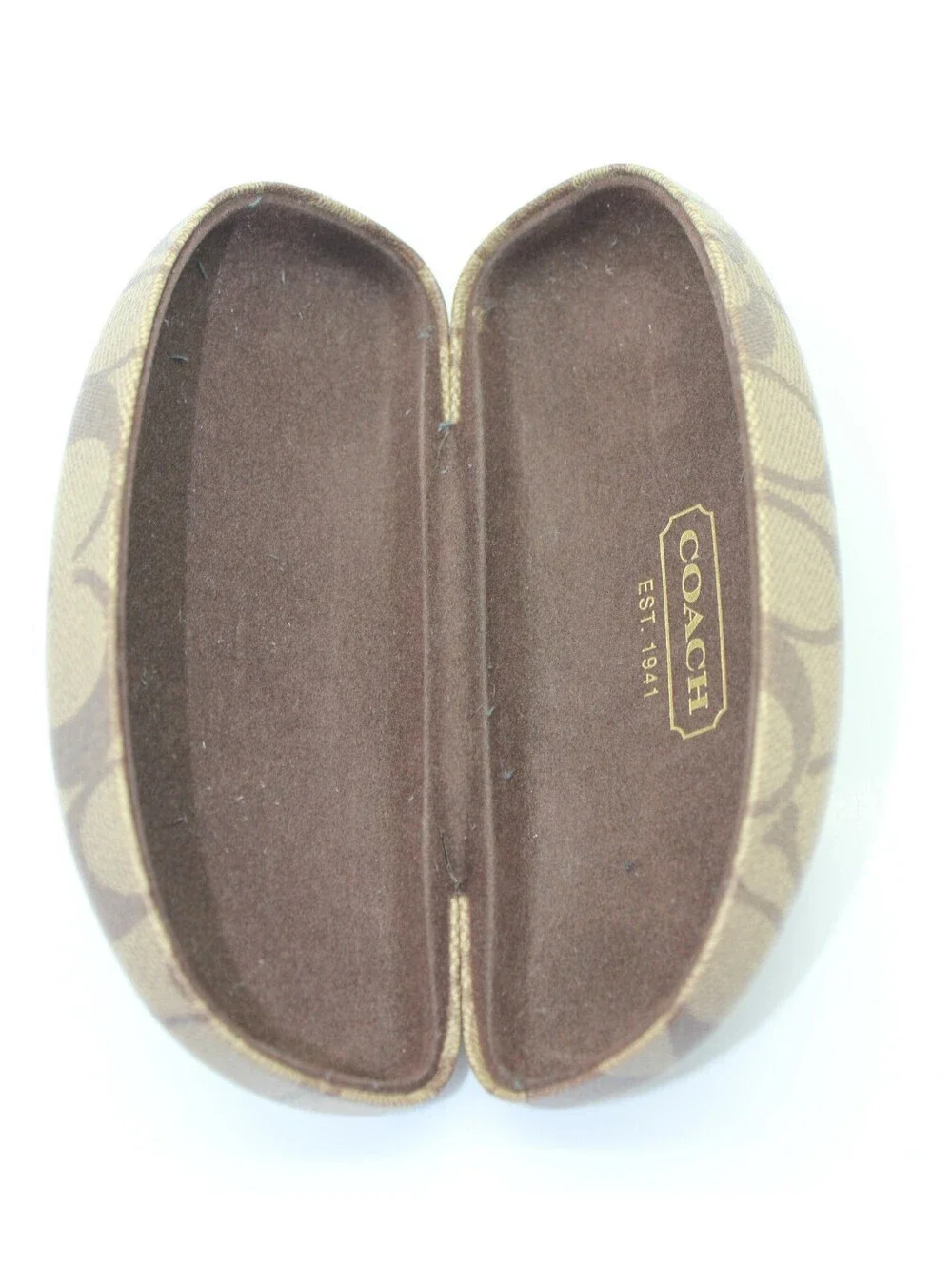Coach Signature C Monogram Brown Tan Clamshell Glasses Case